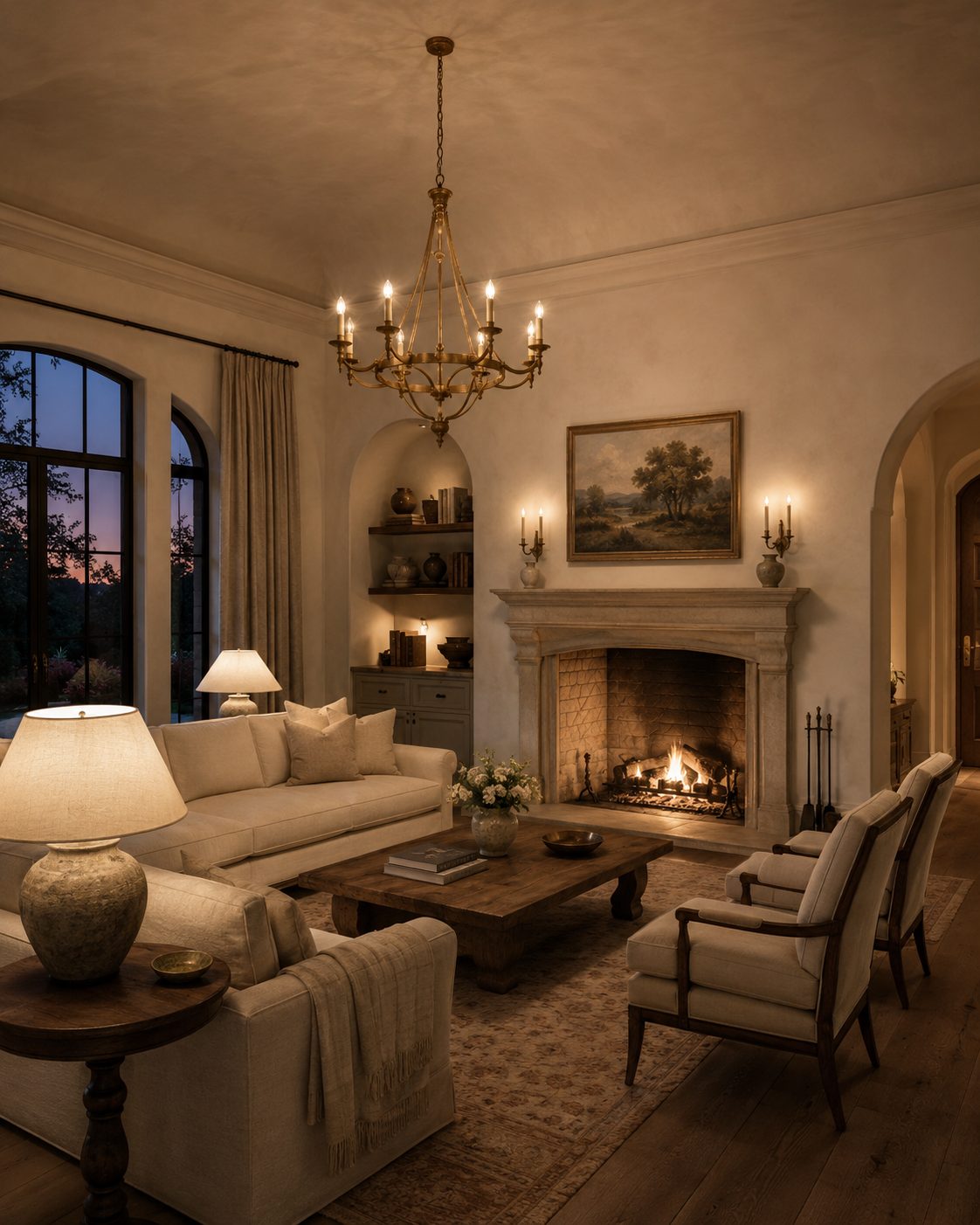 A layered living room lighting scheme — brass chandelier, table lamp, and paired wall sconces at dusk