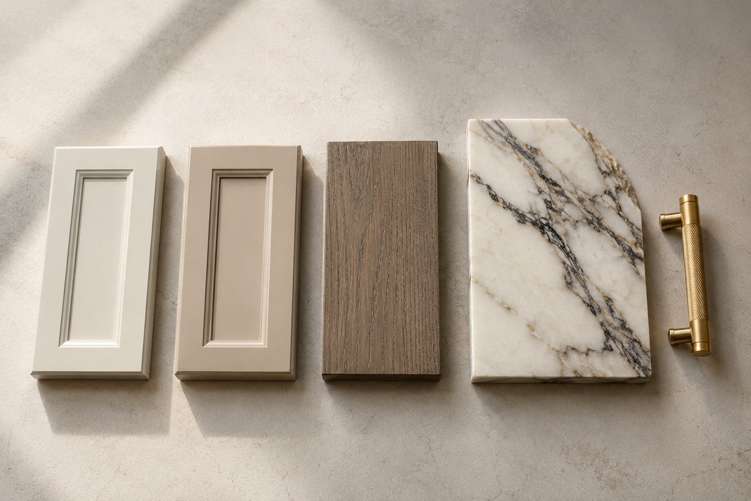 Controlled material hierarchy — light cabinetry, mid-tone cabinetry, dark oak, hero stone, and aged brass hardware arranged as one system