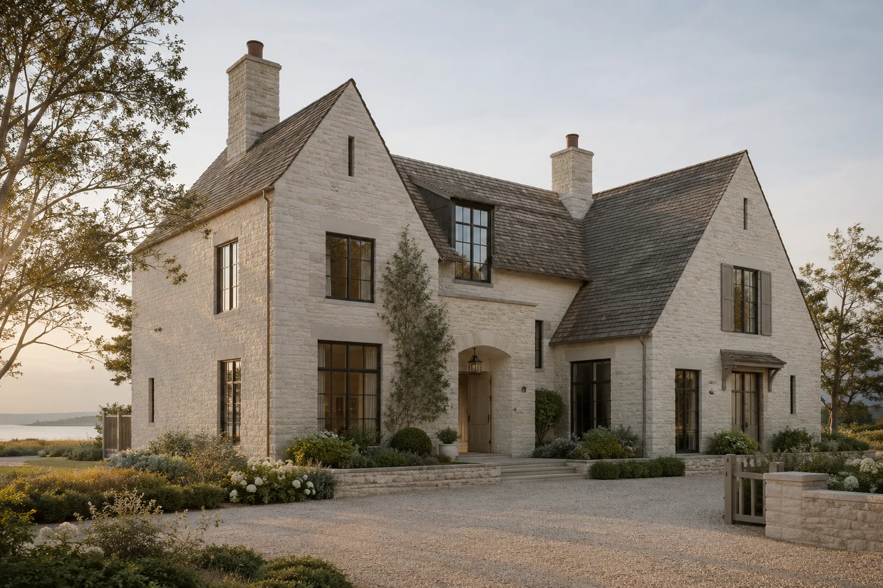 Pale brick house with steep slate roofs and a gravel forecourt