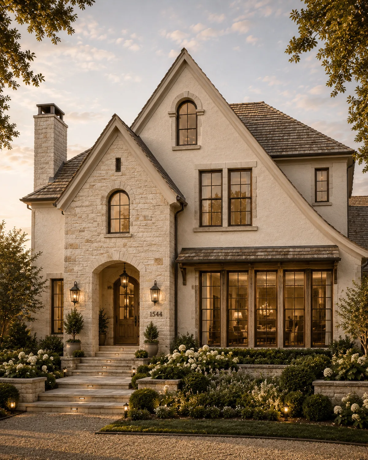 Limestone cottage with arched entry, steep gables and lantern-lit steps at dusk