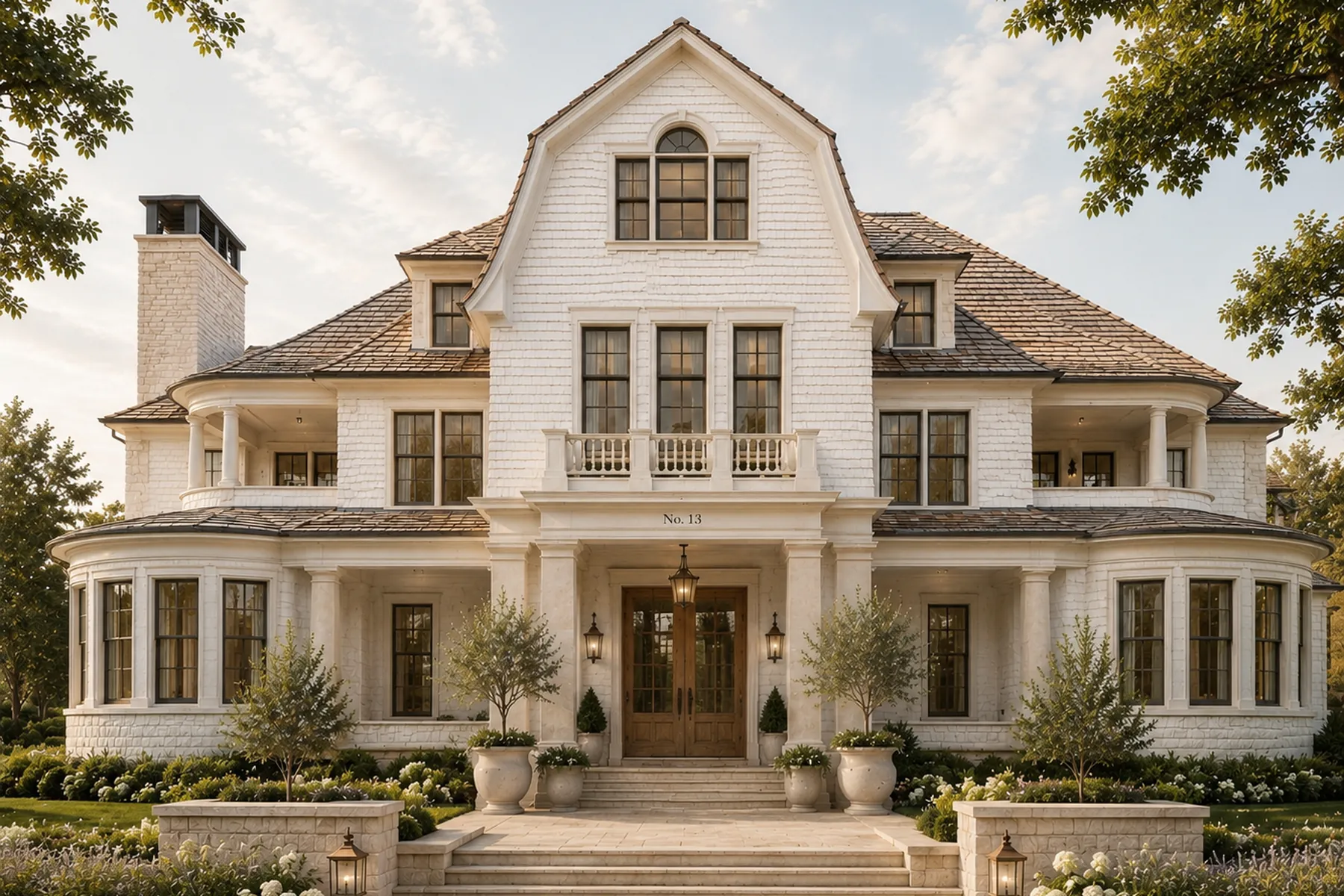 White shingle house with a gambrel roof, balcony and formal front steps